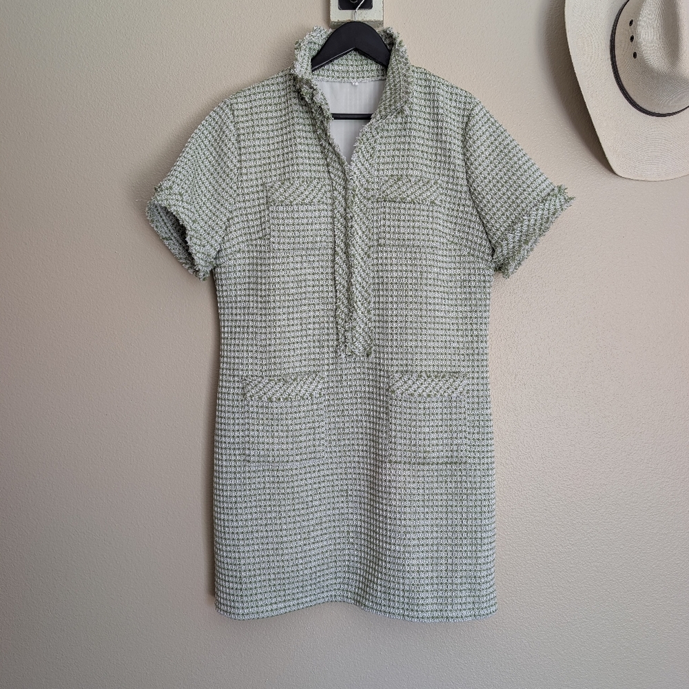 Tweed Mini Dress Zipper Front Popped Collar Light Spring Green White Like New